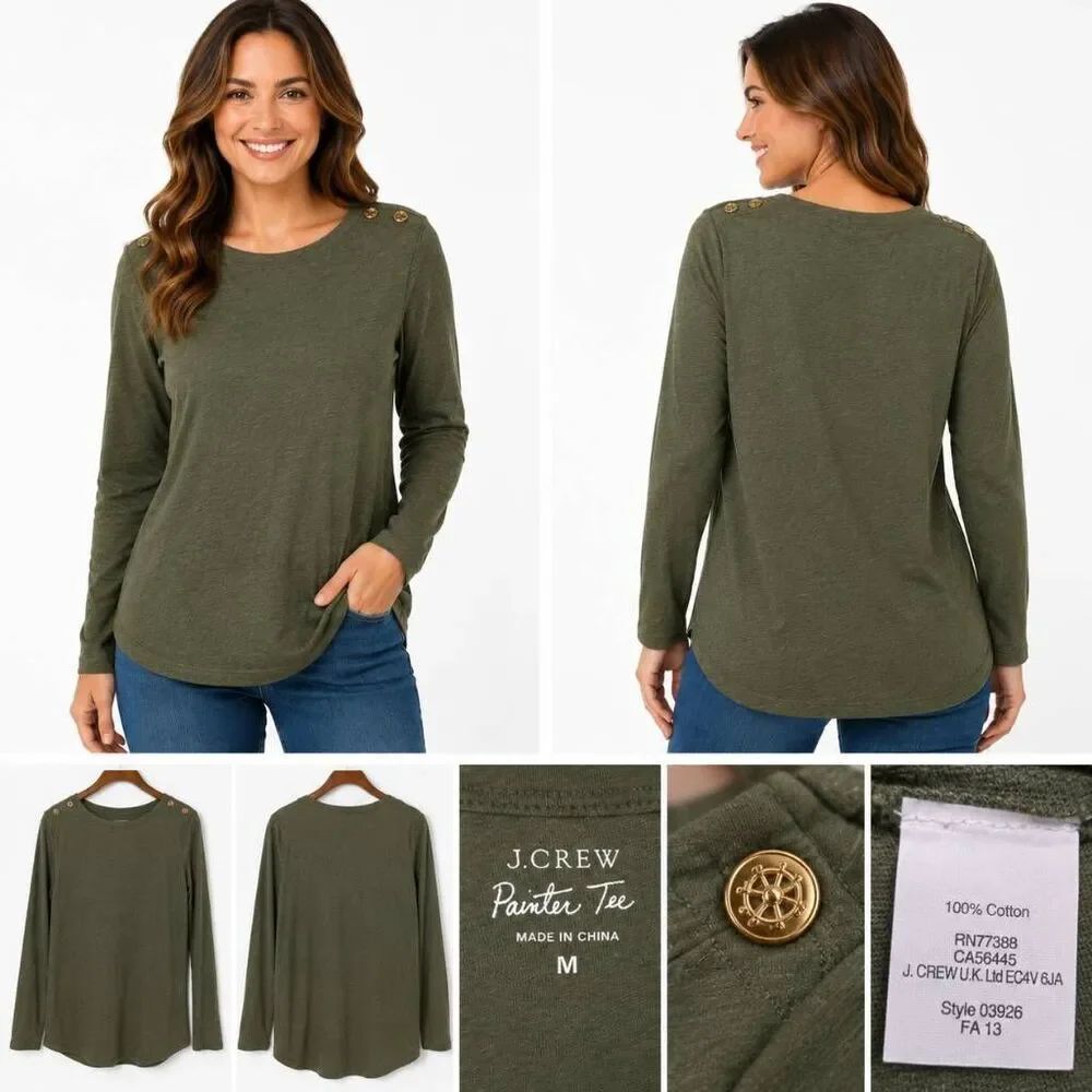 J.Crew Painter Tee Olive Gold Button Long Sleeve Top M